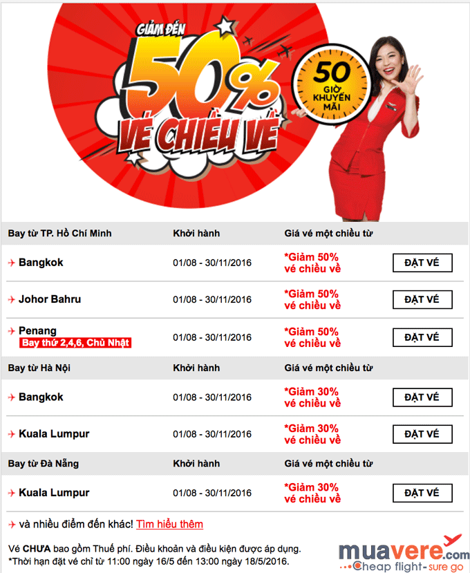 AirAsia giảm giá vé 50% chiều về chỉ trong 50 giờ. 