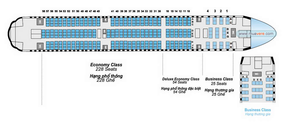 seat map, so do cho ngoi tren may bay Vietnam Airrlines